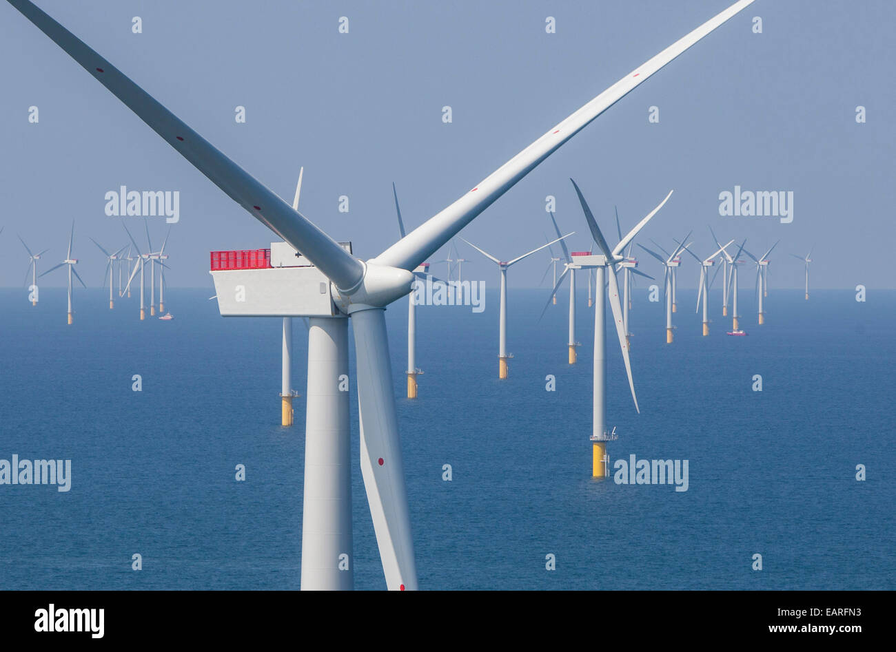 Wind turbines at the Scottish Power's offshore windfarm, West Of Duddon Sands in the Irish Sea off the coast of Cumbria. Stock Photo