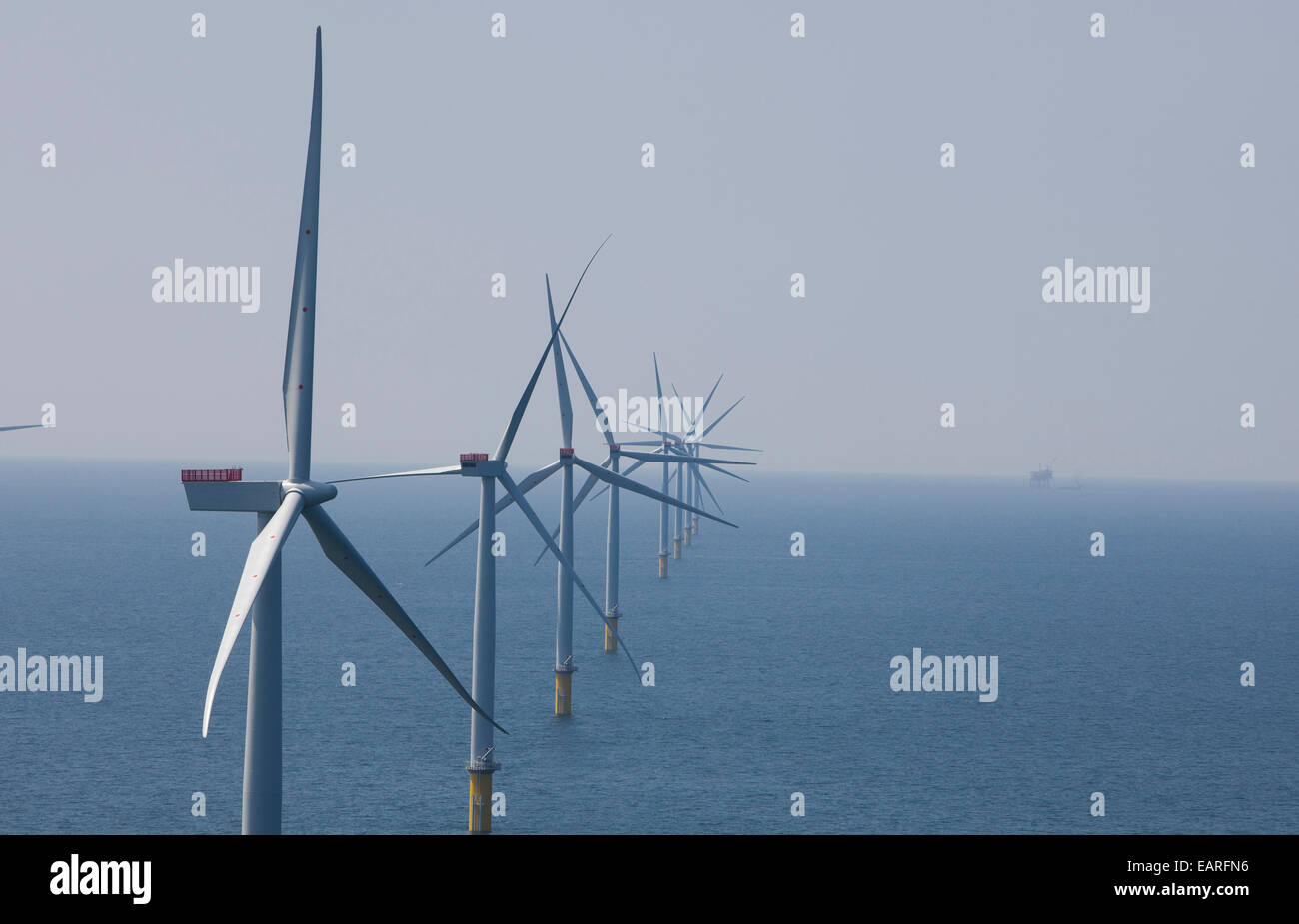 Wind turbines at the Scottish Power's offshore windfarm, West Of Duddon Sands in the Irish Sea off the coast of Cumbria. Stock Photo