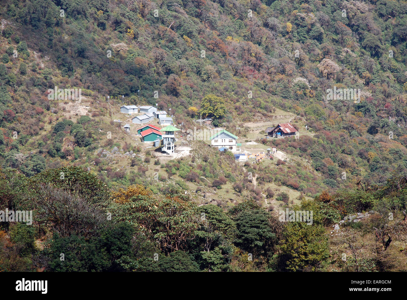 A settlement used as a base by the Indian army in the forests on the Singalila ridge in the state of Sikkim Stock Photo