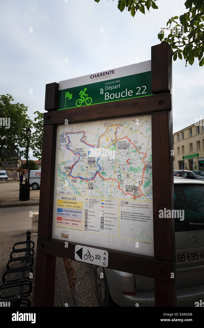 Display board of cycle route maps around Charente Boucle 22 Stock Photo