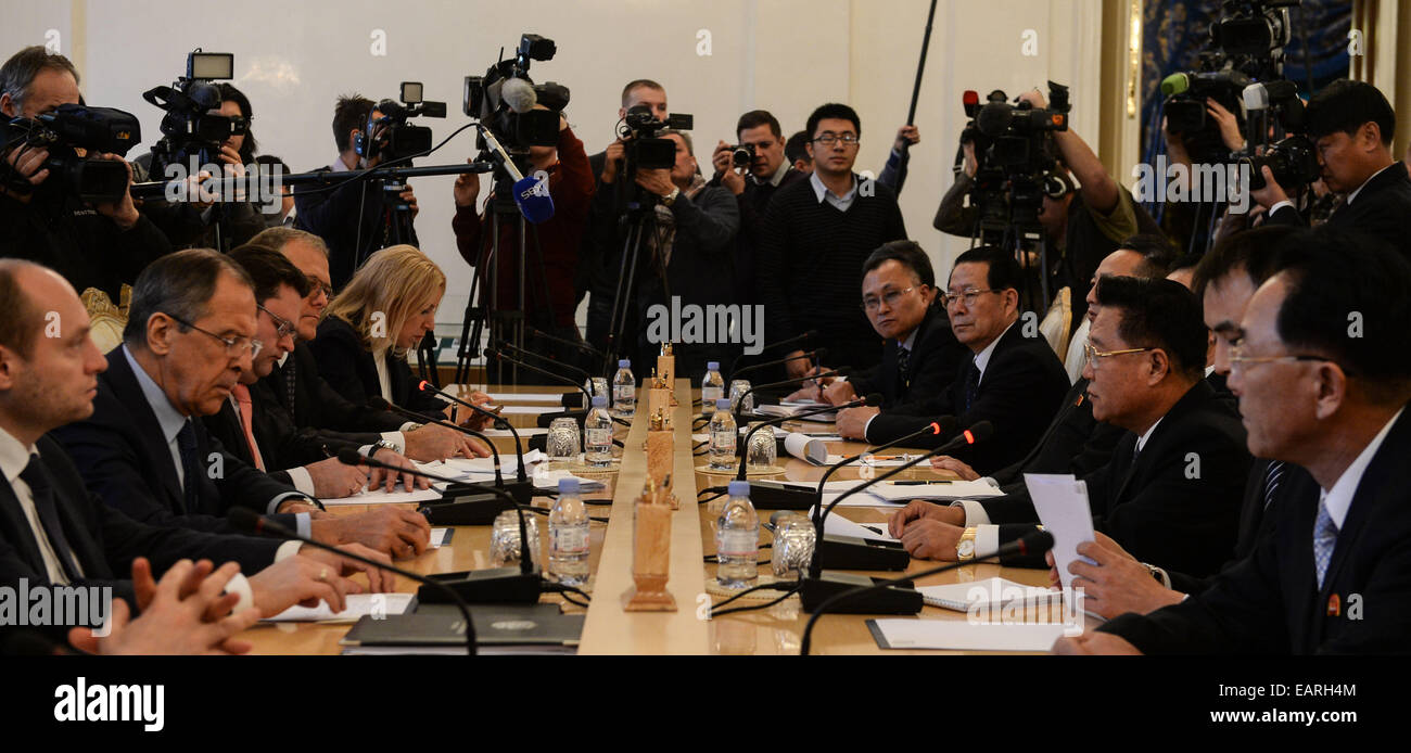 Moscow, Democratic People's Republic of Korea (DPRK). 20th Nov, 2014. Russian Foreign Minister Sergey Lavrov (2nd L) holds talks with Choe Ryong Hae (3rd R), special envoy of Kim Jong Un, top leader of the Democratic People's Republic of Korea (DPRK), in Moscow Nov. 20, 2014. © Jia Yuchen/Xinhua/Alamy Live News Stock Photo