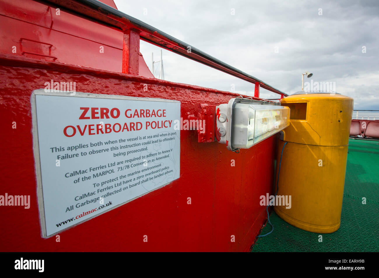 A sign about no garbage overboard on the  Caledonian MacBrayne, Mull Ferry, Scotland, UK. Stock Photo