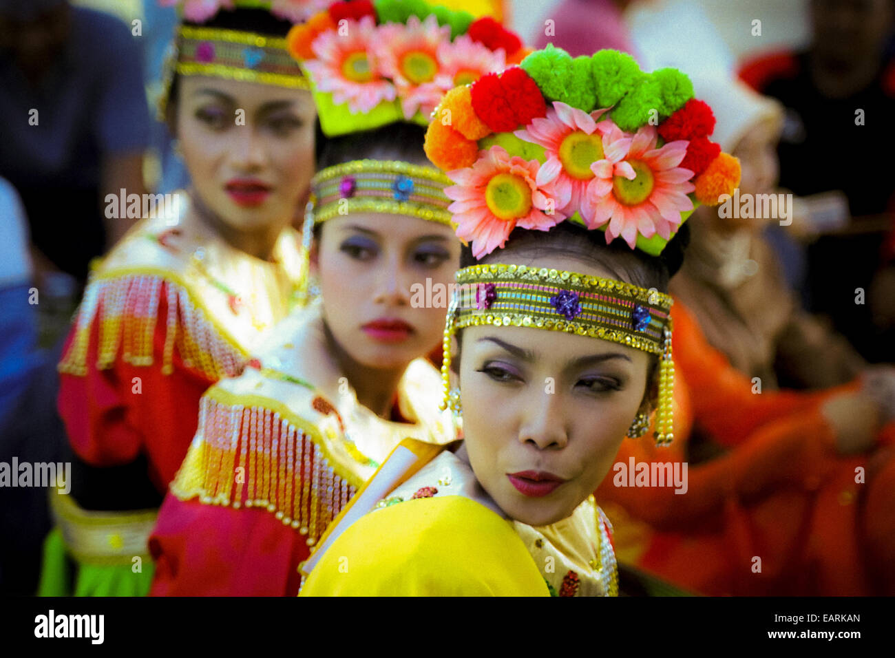 Traditional dancers waiting for the show during the 2004 Jakarta Highland Gathering in Karawaci, Banten province, Indonesia. Stock Photo