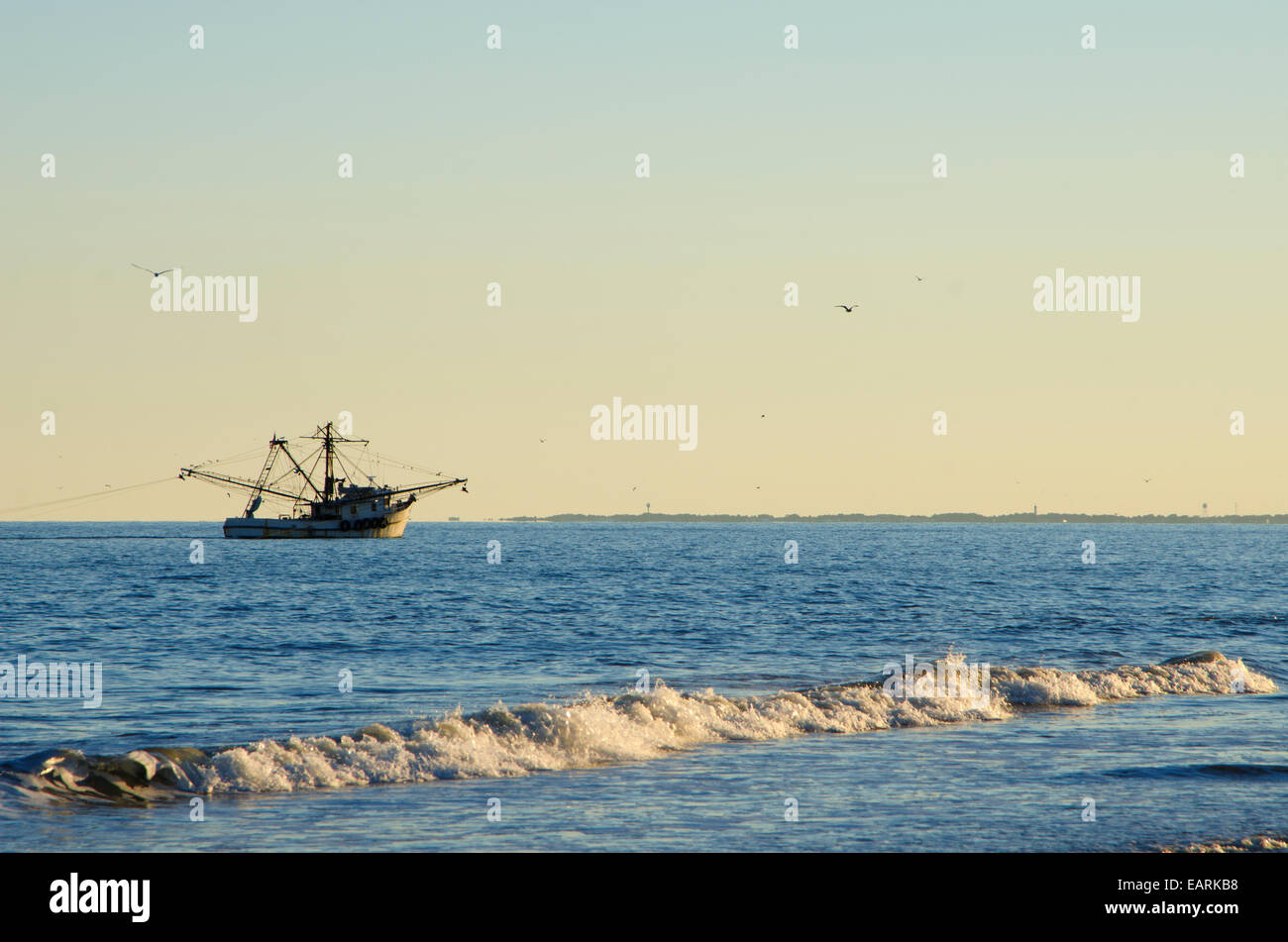Shrimp Boat at Sunset A shrimp boat is working the Atlantic Ocean off