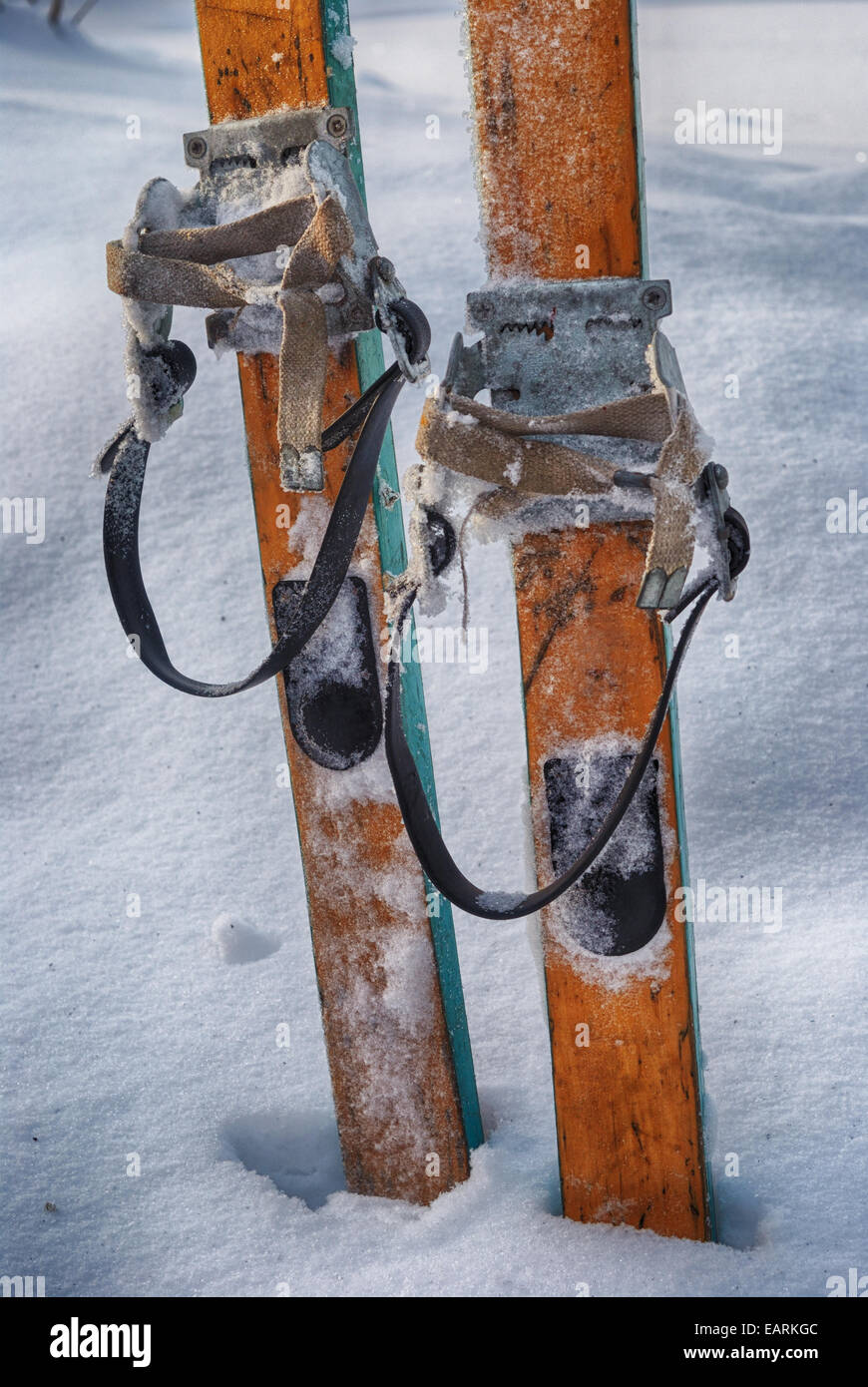 old wooden skis in the snow, vertical Stock Photo