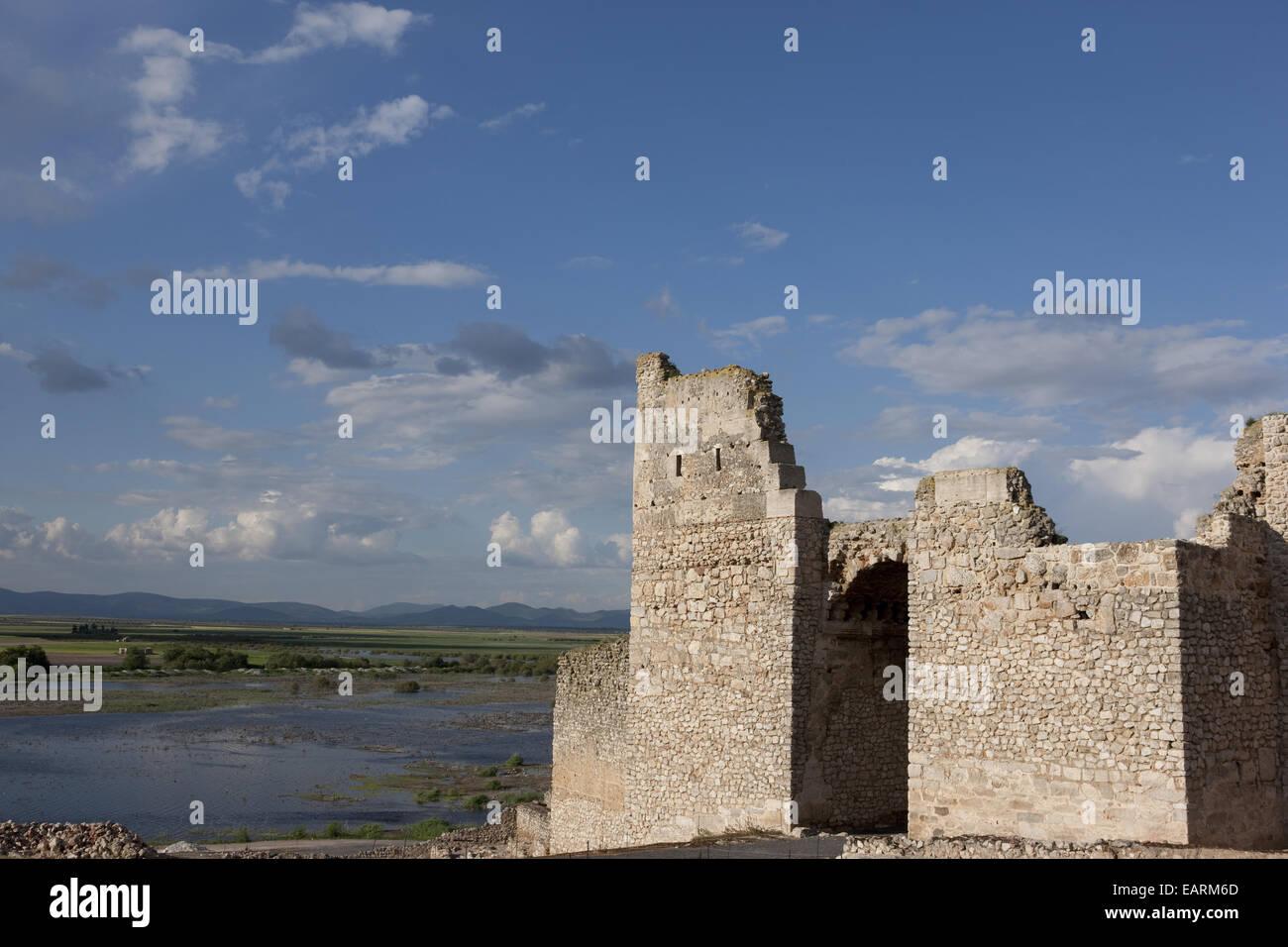 Calatrava la Vieja and Guadiana river. Umayyad original fortress city, VIII century. Stock Photo
