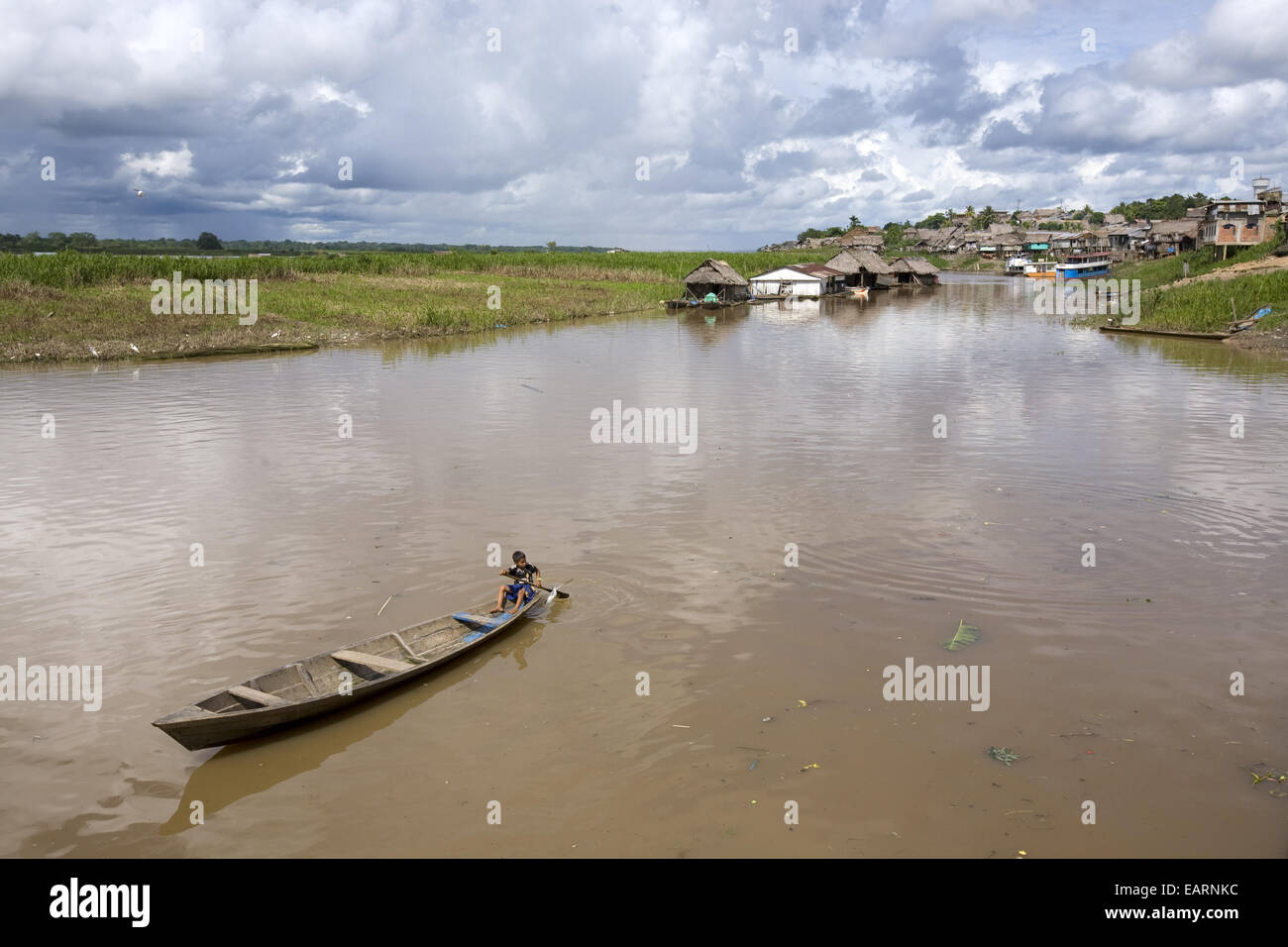 Boat on Uyacali River, Requena, Peru Stock Photo