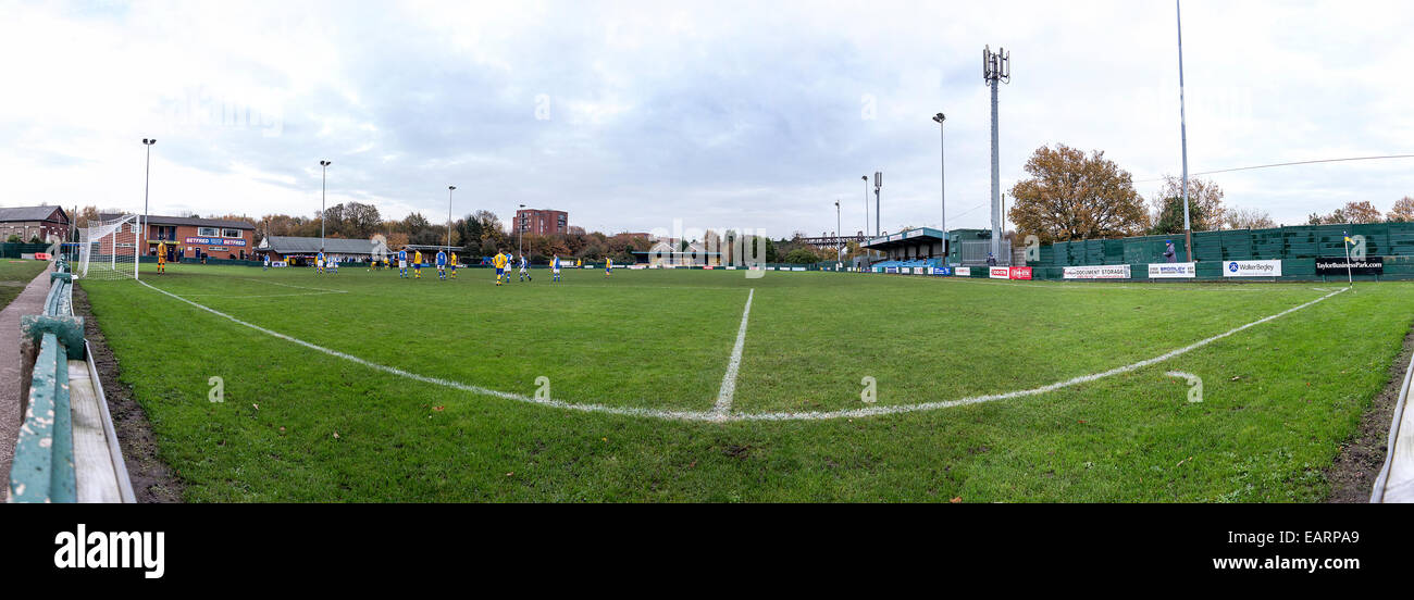 Panoramic view of Warrington Town AFC's footbal pitch from the goal line Stock Photo