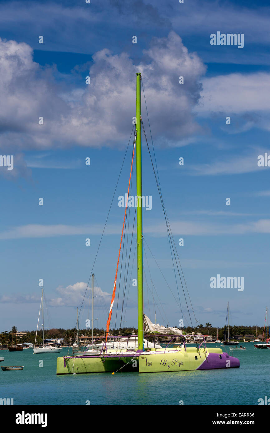 Mauritius, Grand Baie, public beach, sailing catamaran big purple