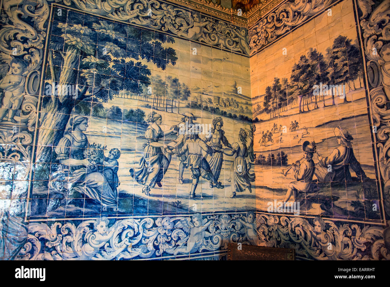 National Palace, Interior, Blazons Hall, Figurative azulejo style wall picture, Sintra, Portugal Stock Photo