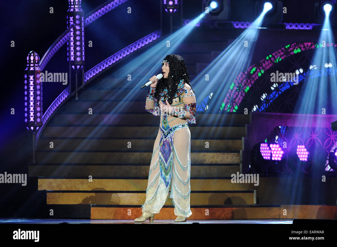 SUNRISE, FL - MAY 17: Cher performs during the D2K Tour at the BB&T Center on May 17, 2014 in Sunrise, Florida.  Featuring: Cher Where: Sunrise, Florida, United States When: 17 May 2014 Stock Photo