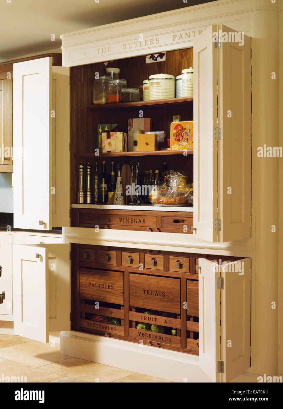 Built In Larder Pantry Storage Unit With Doors Open Stock Photo