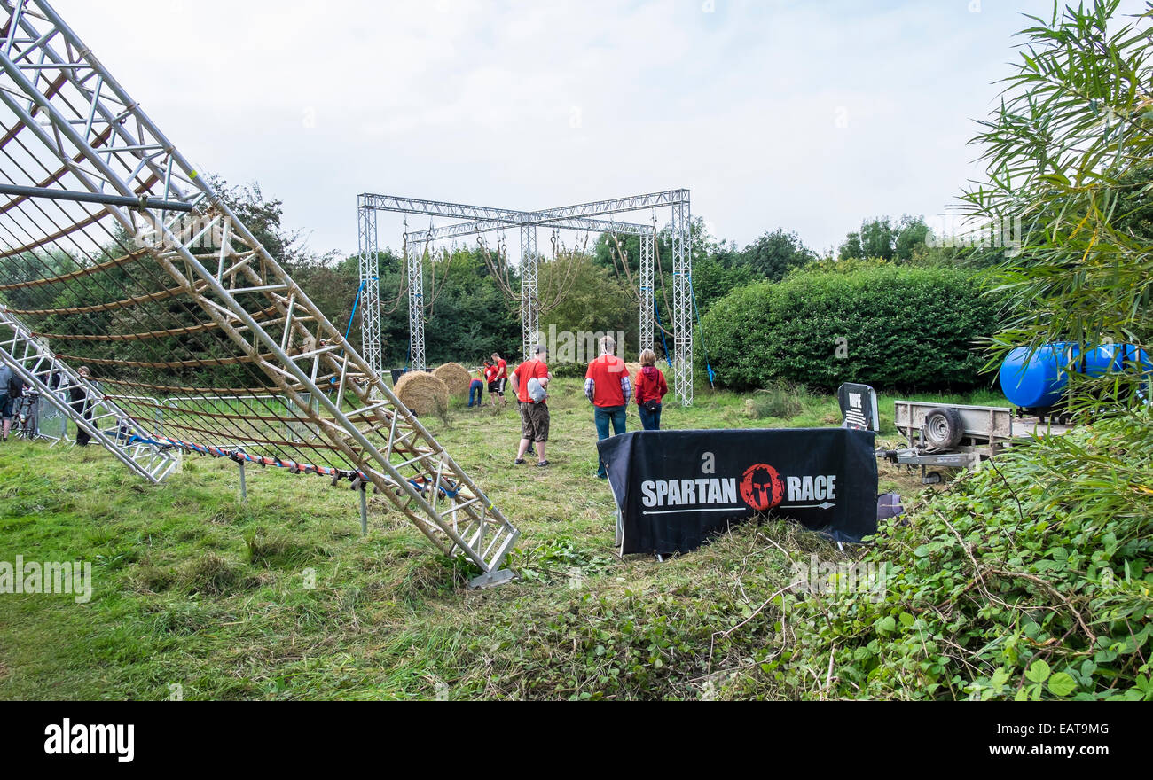 Setting up obstacles for Spartan race Milton country park Stock Photo