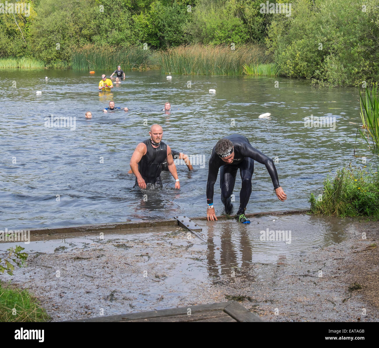 Competitors leaving water obstacle Spartan race Milton country park Stock Photo