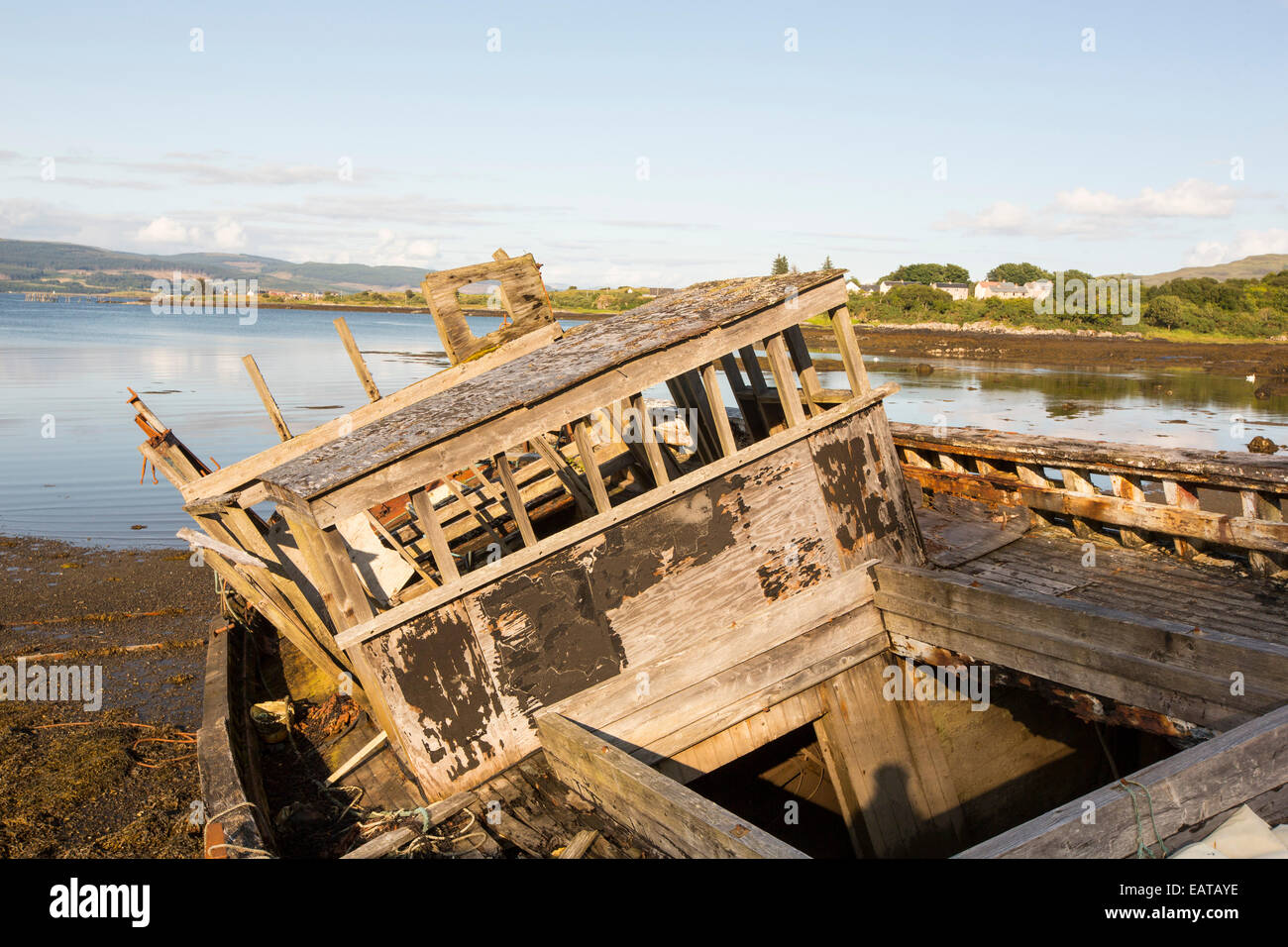 An old fishing boat run aground at Salen on the Isle of Mull, Scotland