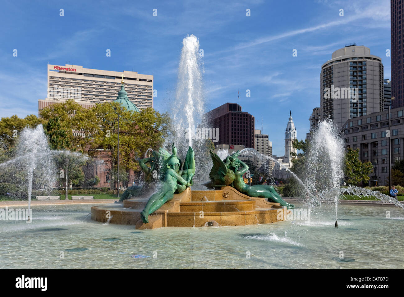 The Swann Memorial Fountain is located in Logan Circle, Philadelphia, Pennsylvania. Also called the Fountain of Three Rivers... Stock Photo