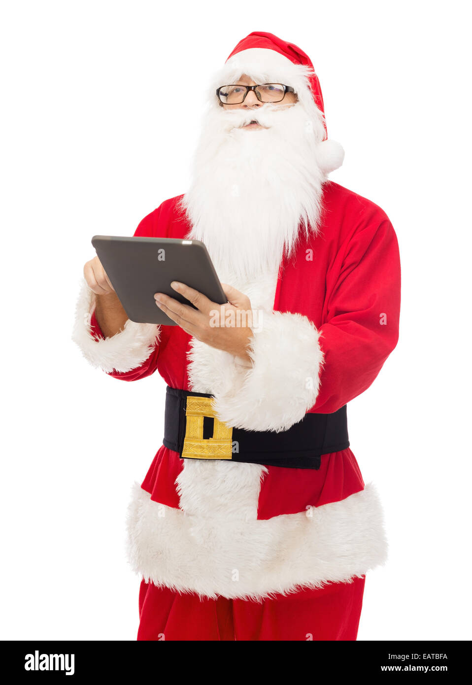 man in costume of santa claus with tablet pc Stock Photo - Alamy
