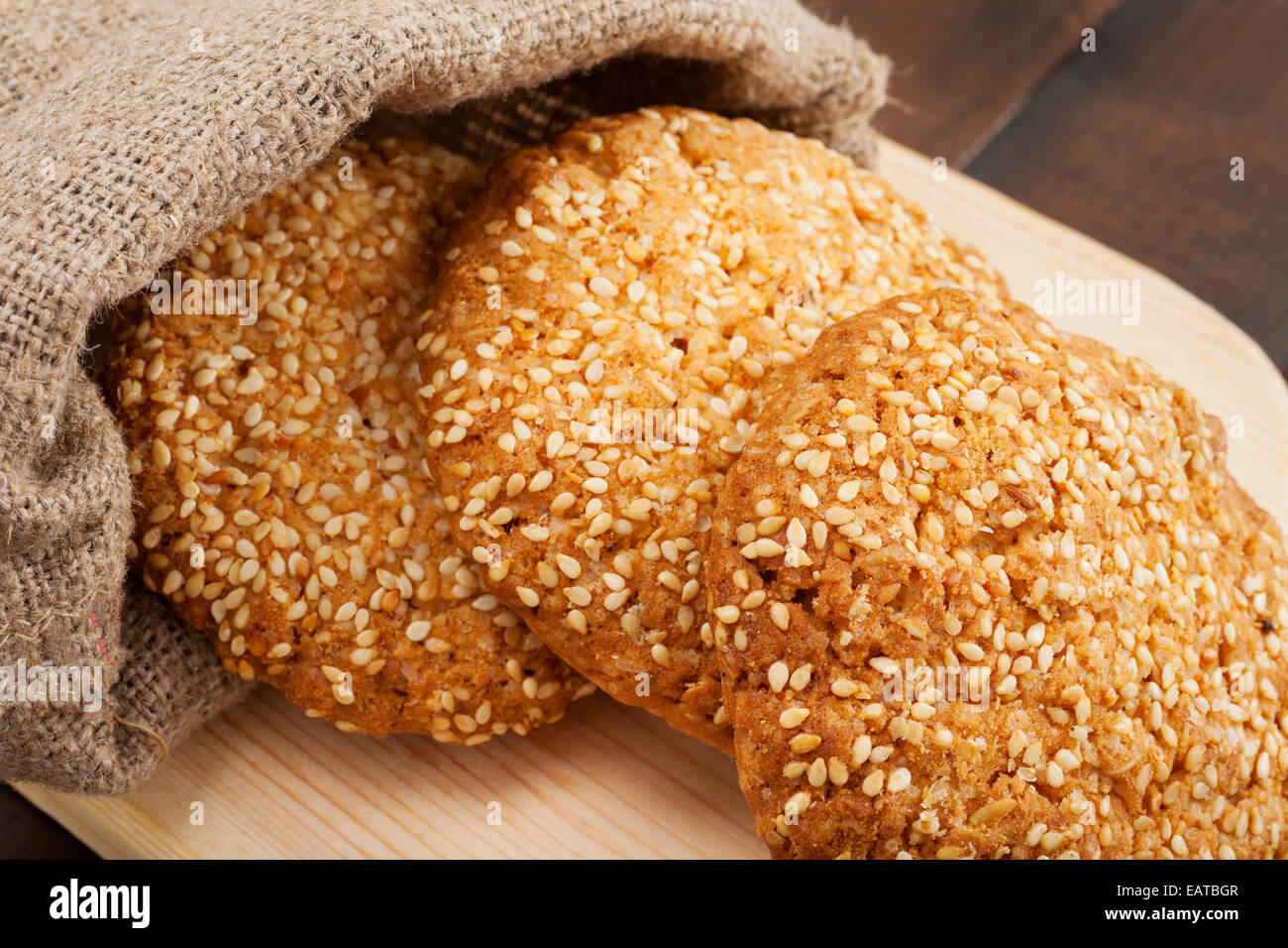 cookies with sesame seeds and canvas sack Stock Photo
