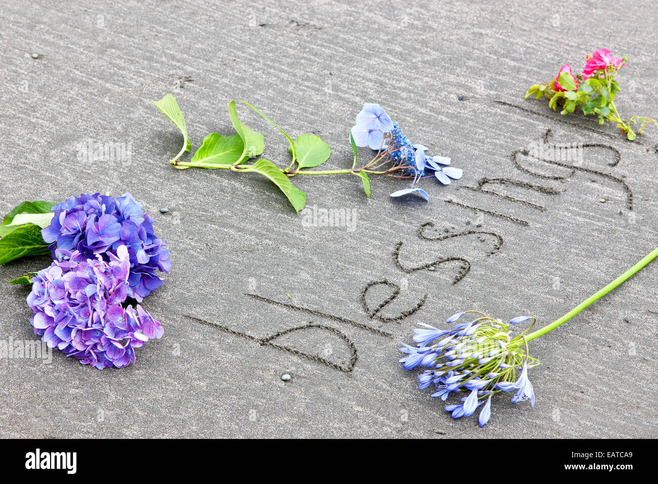 Blessings engraved in wet sand. Stock Photo
