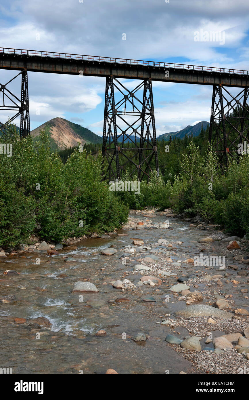 Old metal train bridge over fast flowing river in Denali - Alaska. Stock Photo