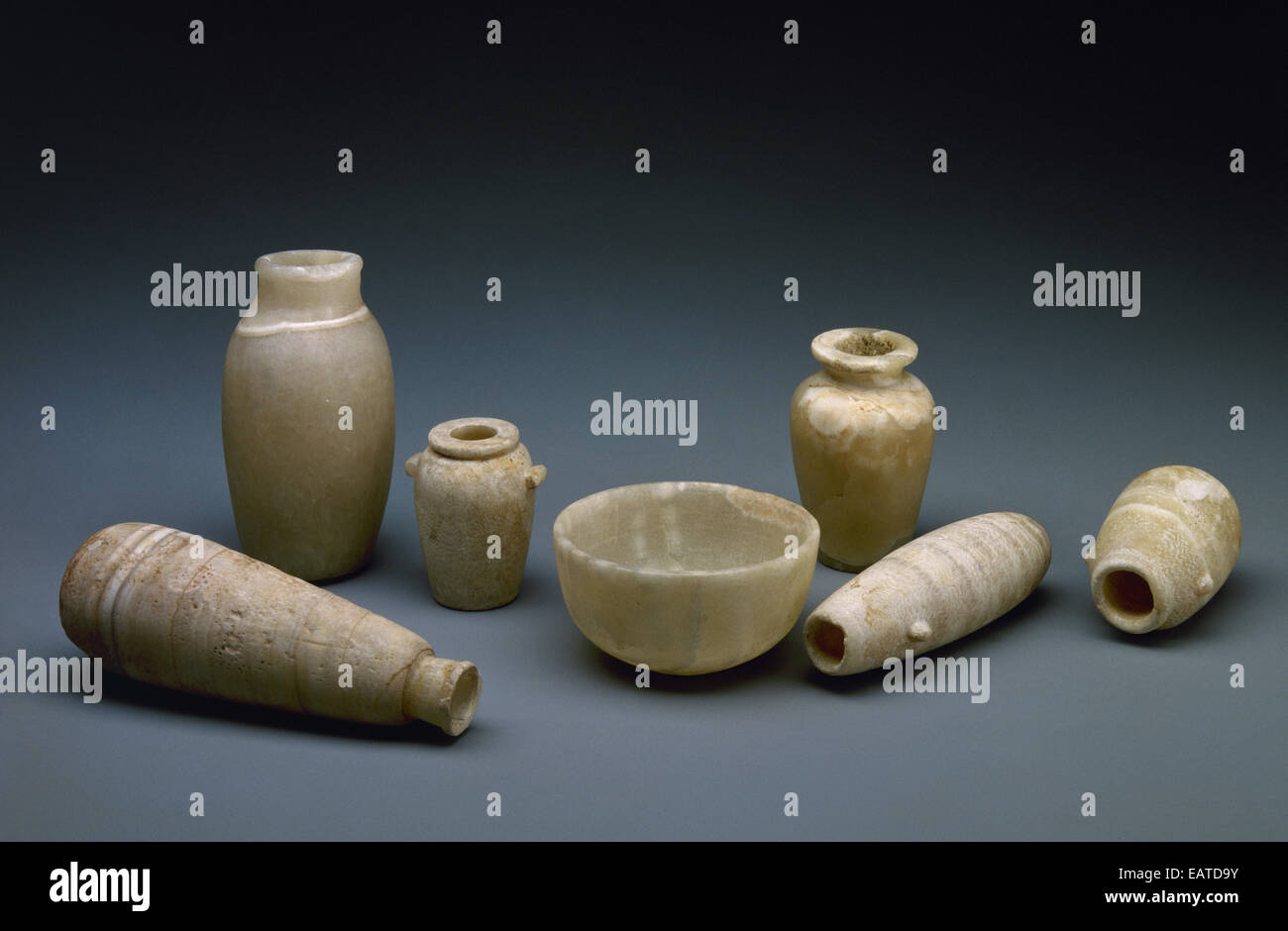 Egyptian Art. Cups and vases in alabaster. Contained perfume. National Archaeological Museum. Madrid. Spain. Stock Photo