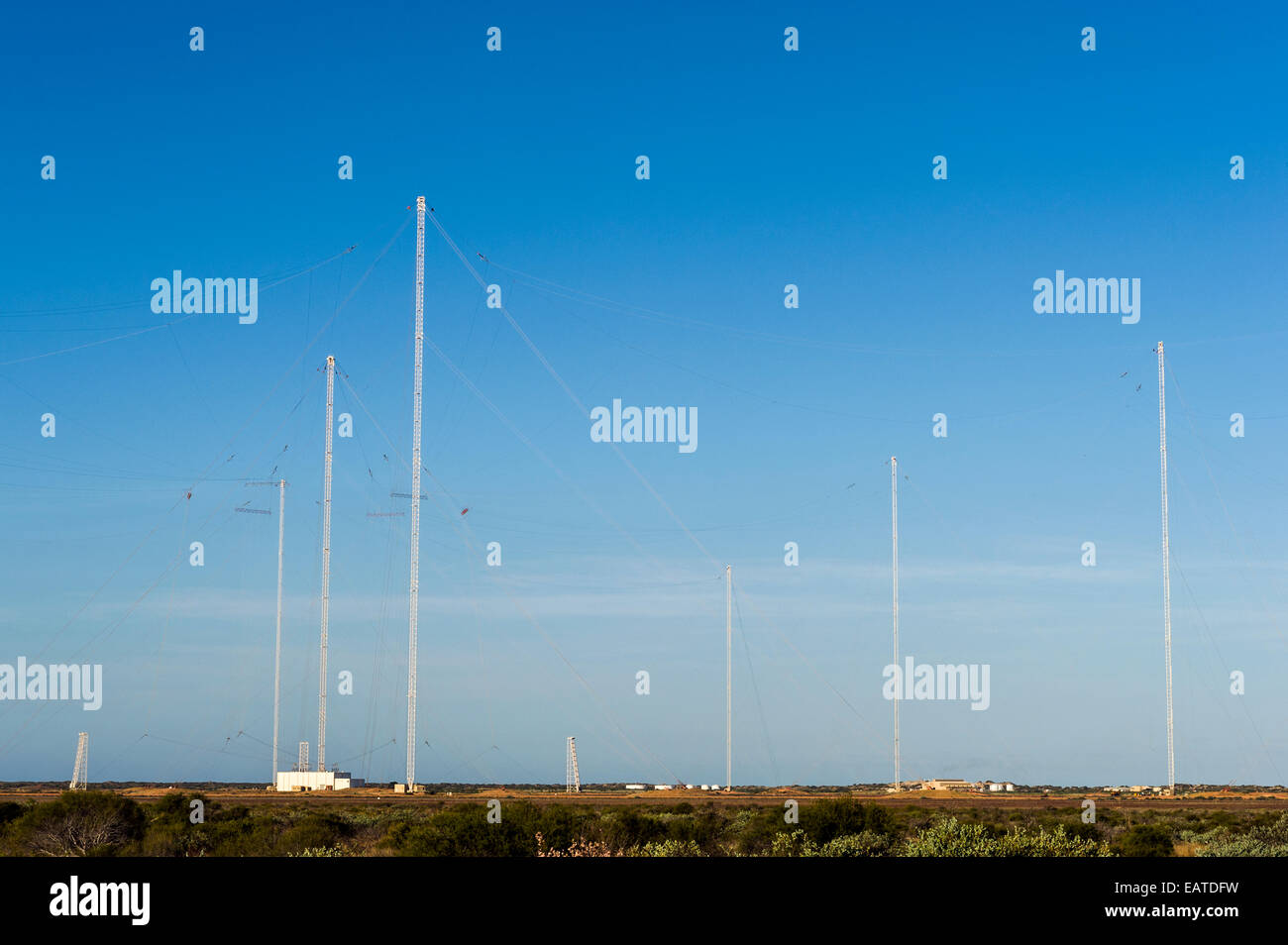 Radio relay station antennas communicate between ships and submarines. Stock Photo