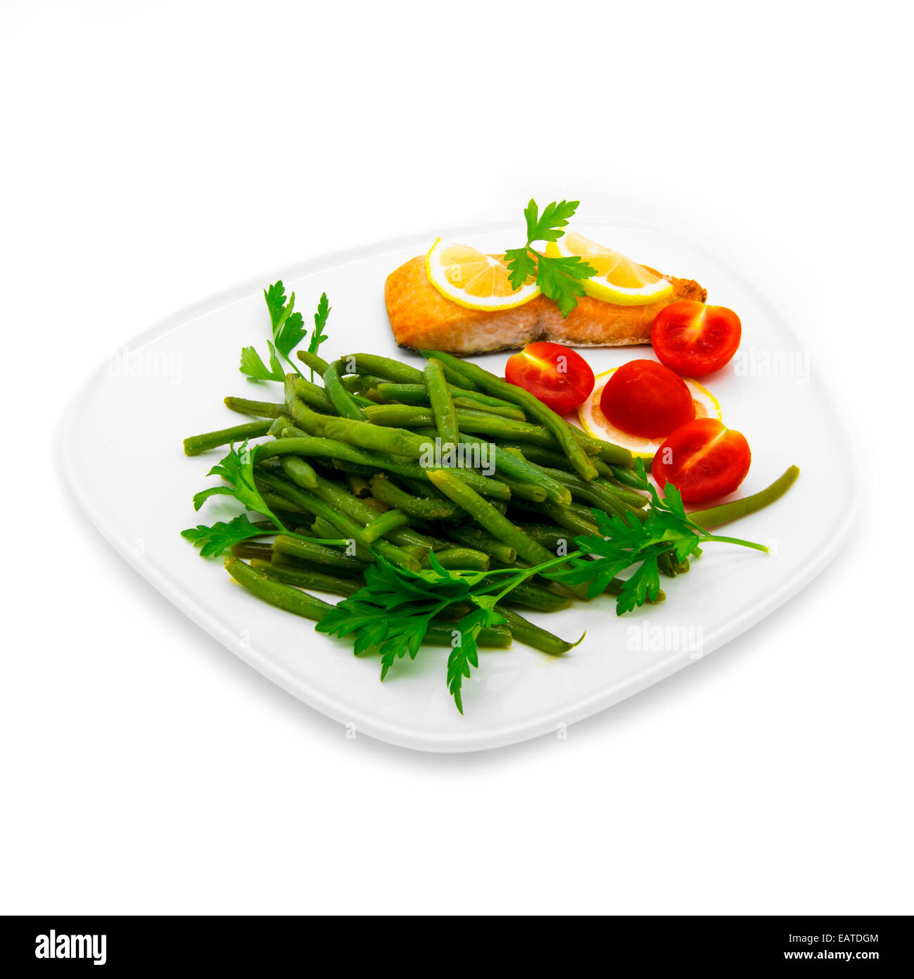 Green beans and salmon fish. White background. Stock Photo