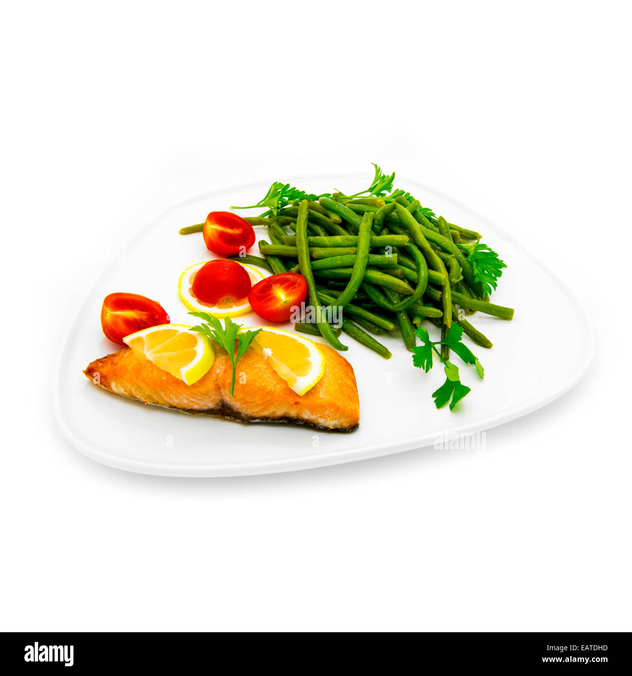 Salmon fish with green beans. White background. Stock Photo