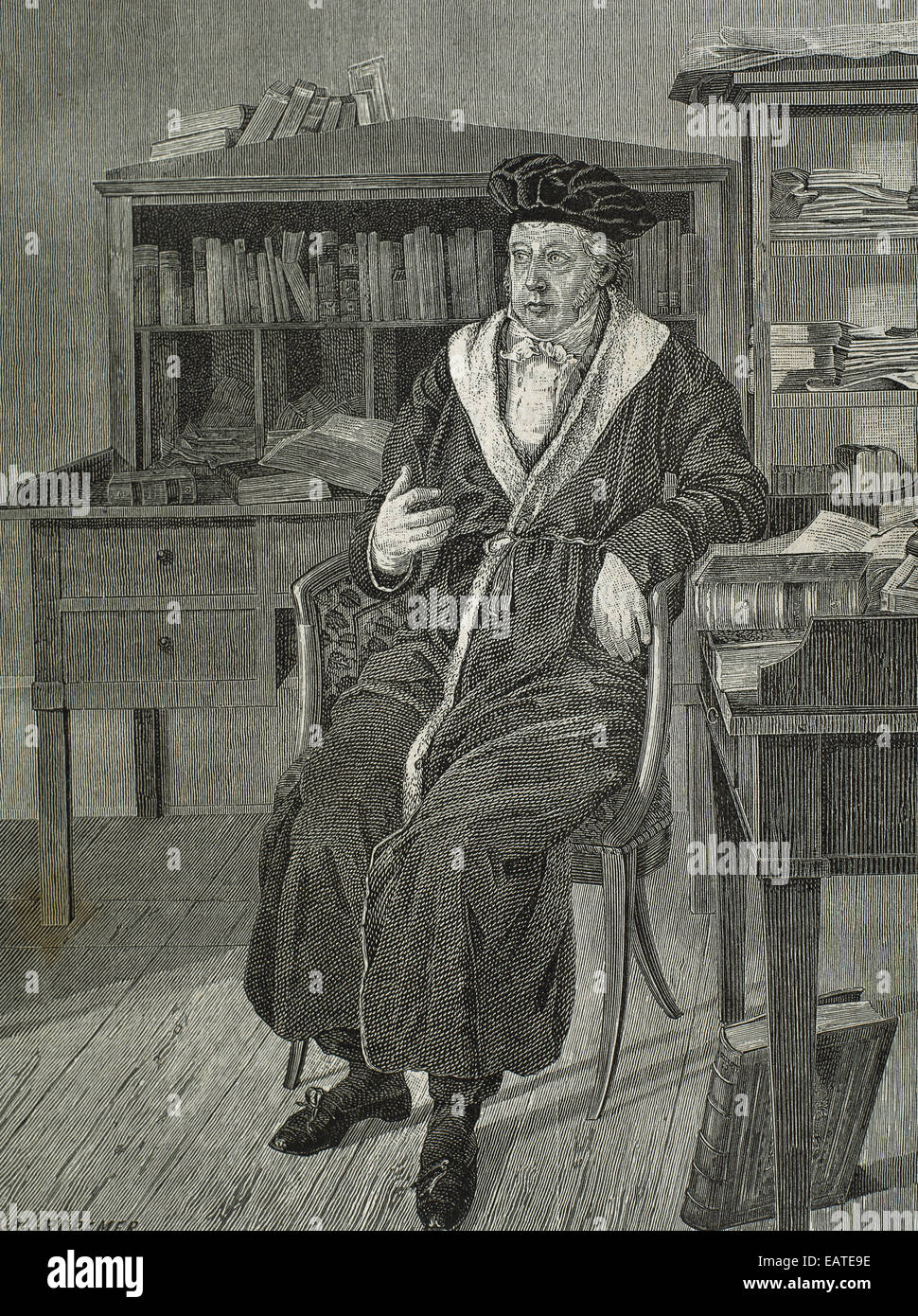 Georg Wilhelm Friedrich Hegel (1770-1831). German philosopher. Hegel in his study. Portrait. Engraving by R. Cremer. Stock Photo