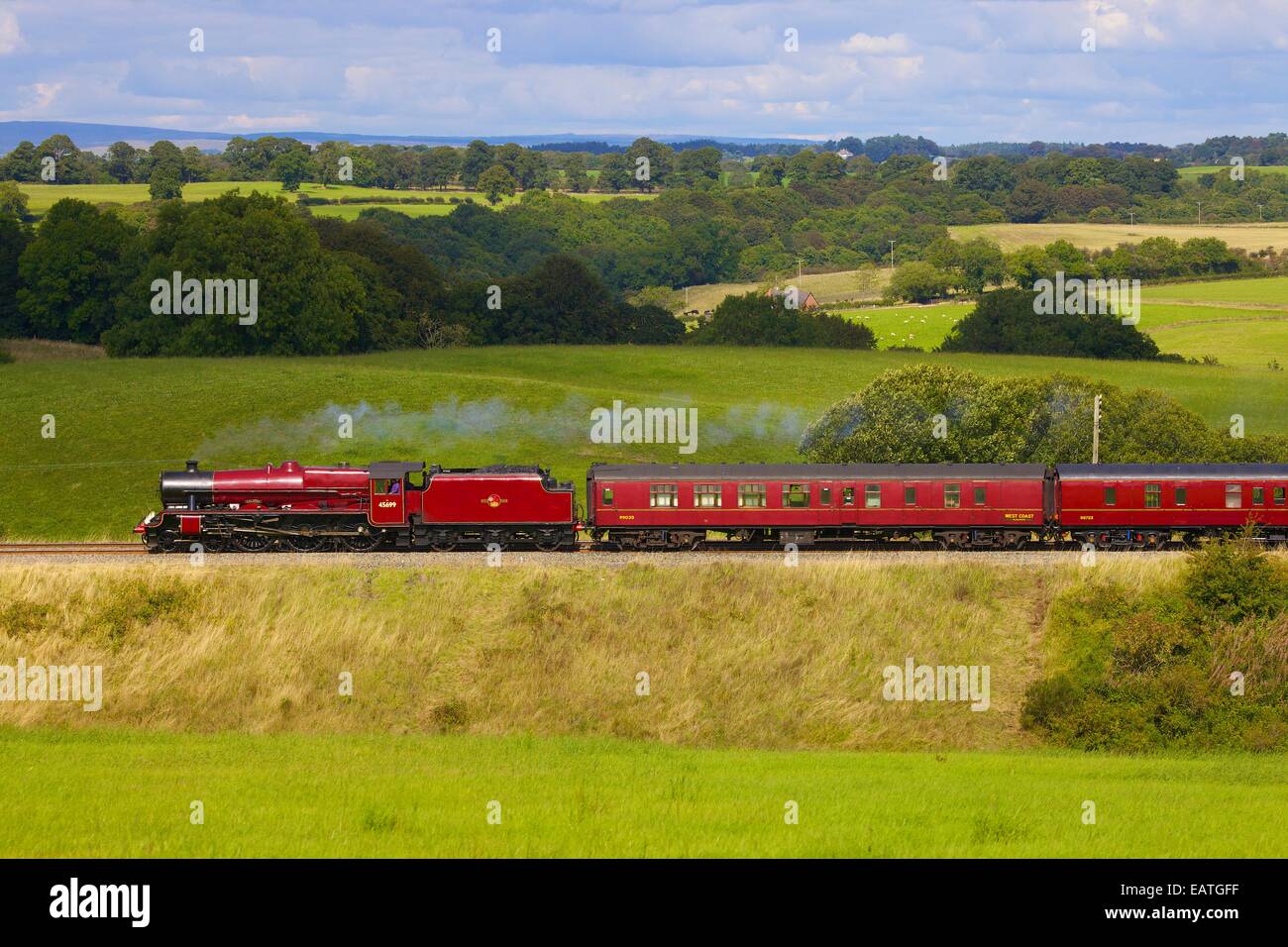 LMS Jubilee Class 45699 Galatea. Steam train near, Duncowfold, Cumwhinton, Settle to Carlisle Railway Line, Cumbria, UK. Stock Photo