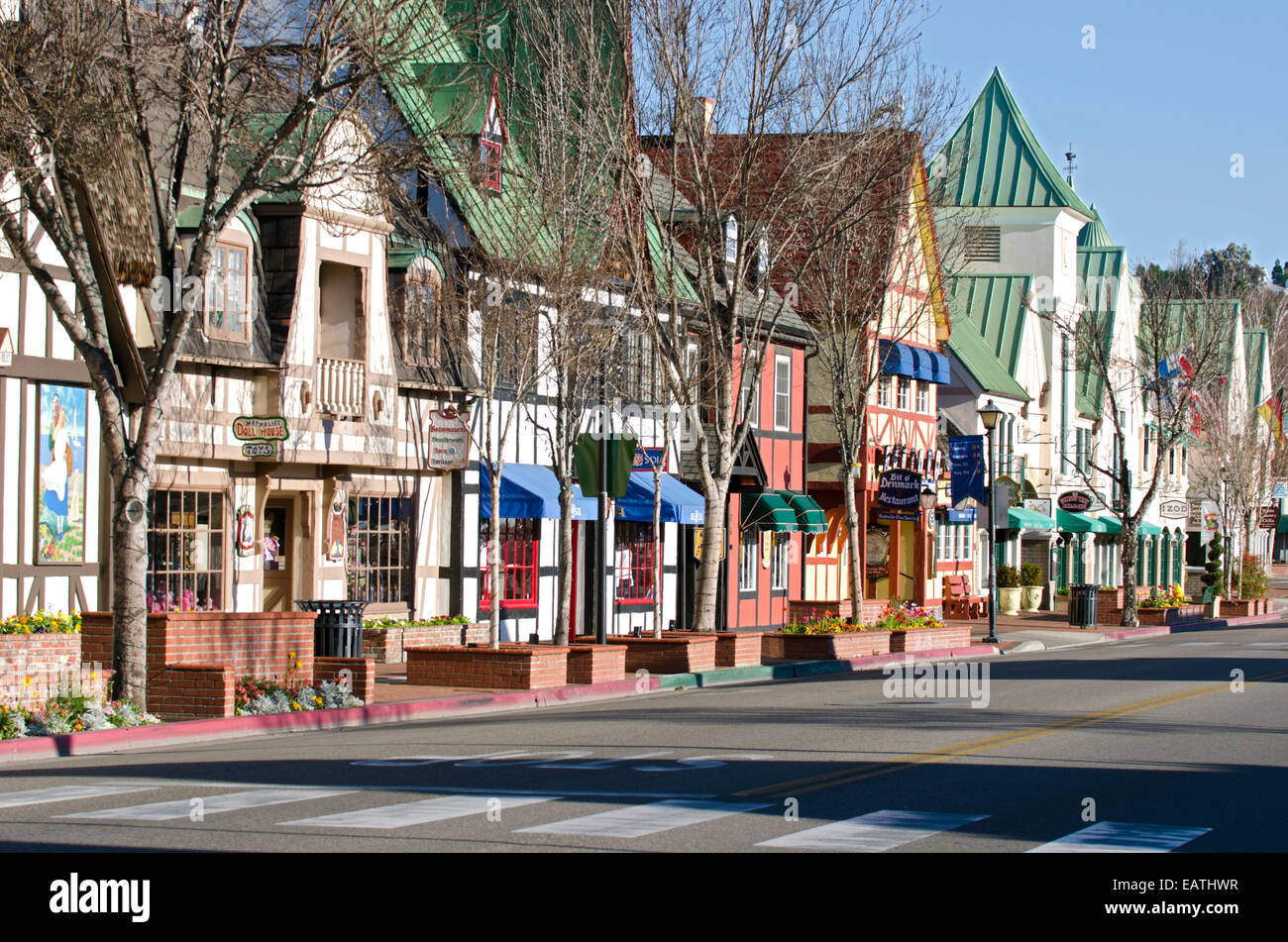 Colorful storefront in the Danish-styled town of Solvang. Stock Photo