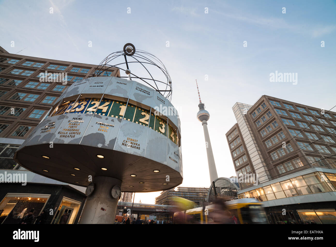 berlin alexanderplatz with world clock, television tower, tram Stock Photo