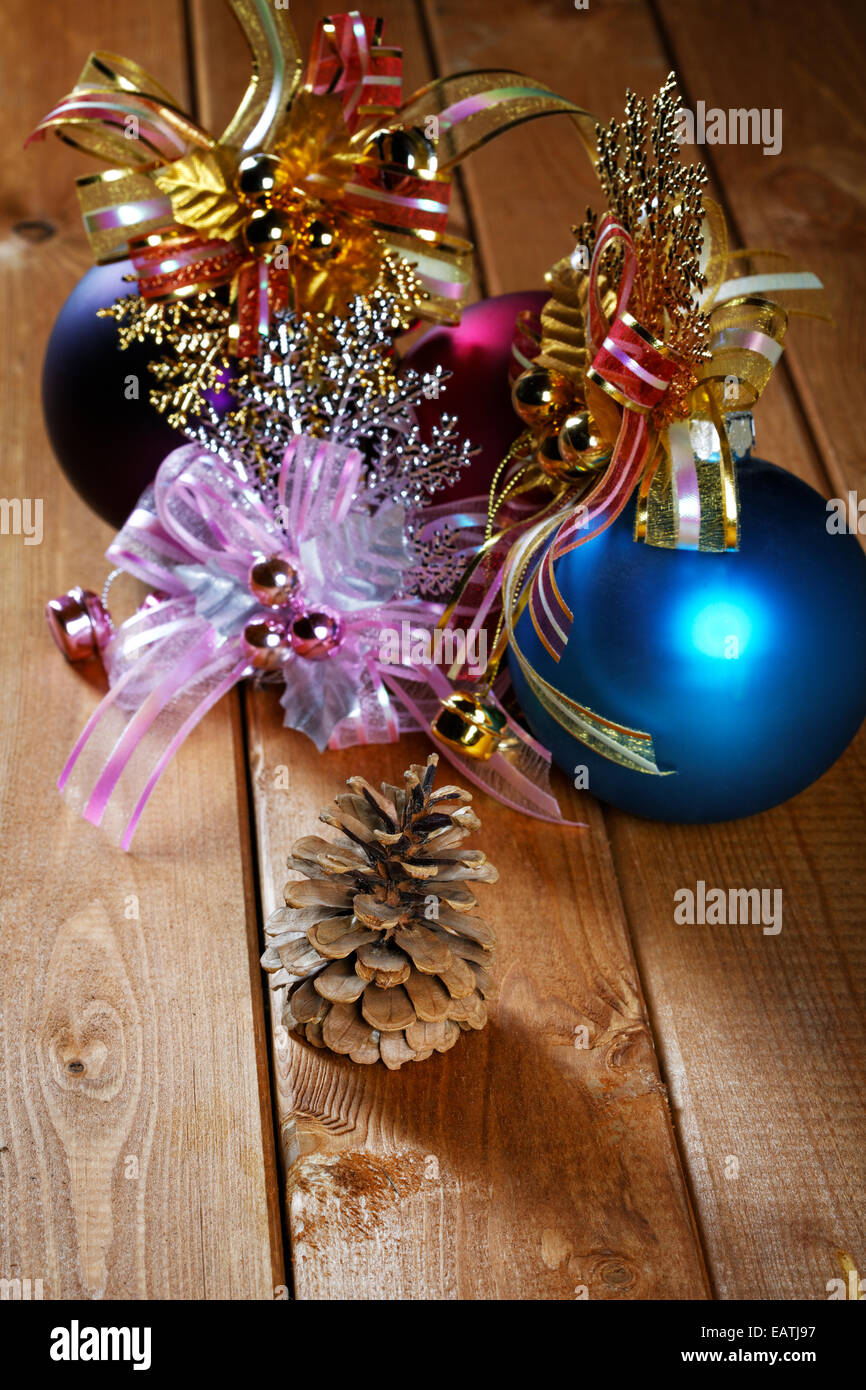 Fur-tree spheres and the cone on a rural table Stock Photo