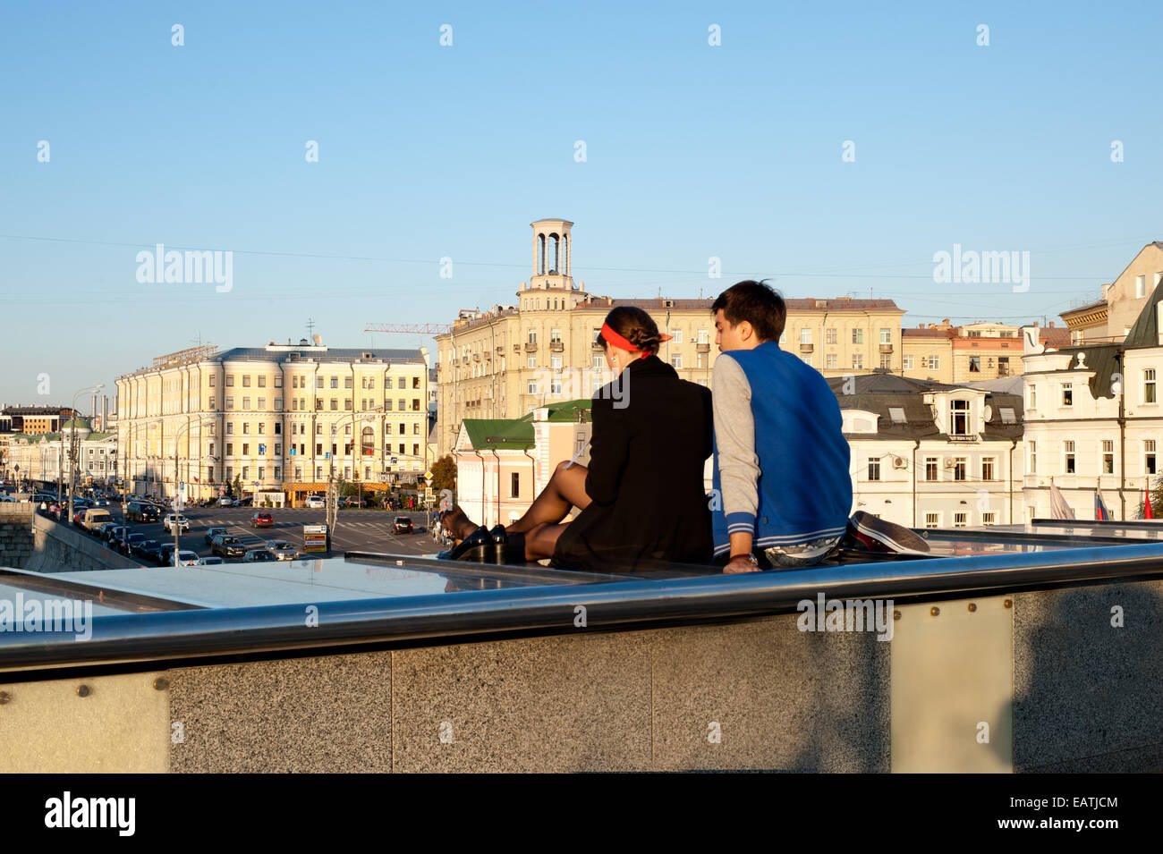 Two Young people looking on Moscow city Stock Photo