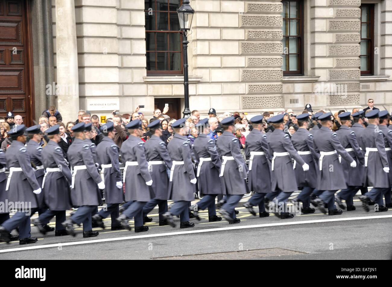 Marching line of crowd of Soldiers in uniform at the Cenotaph in