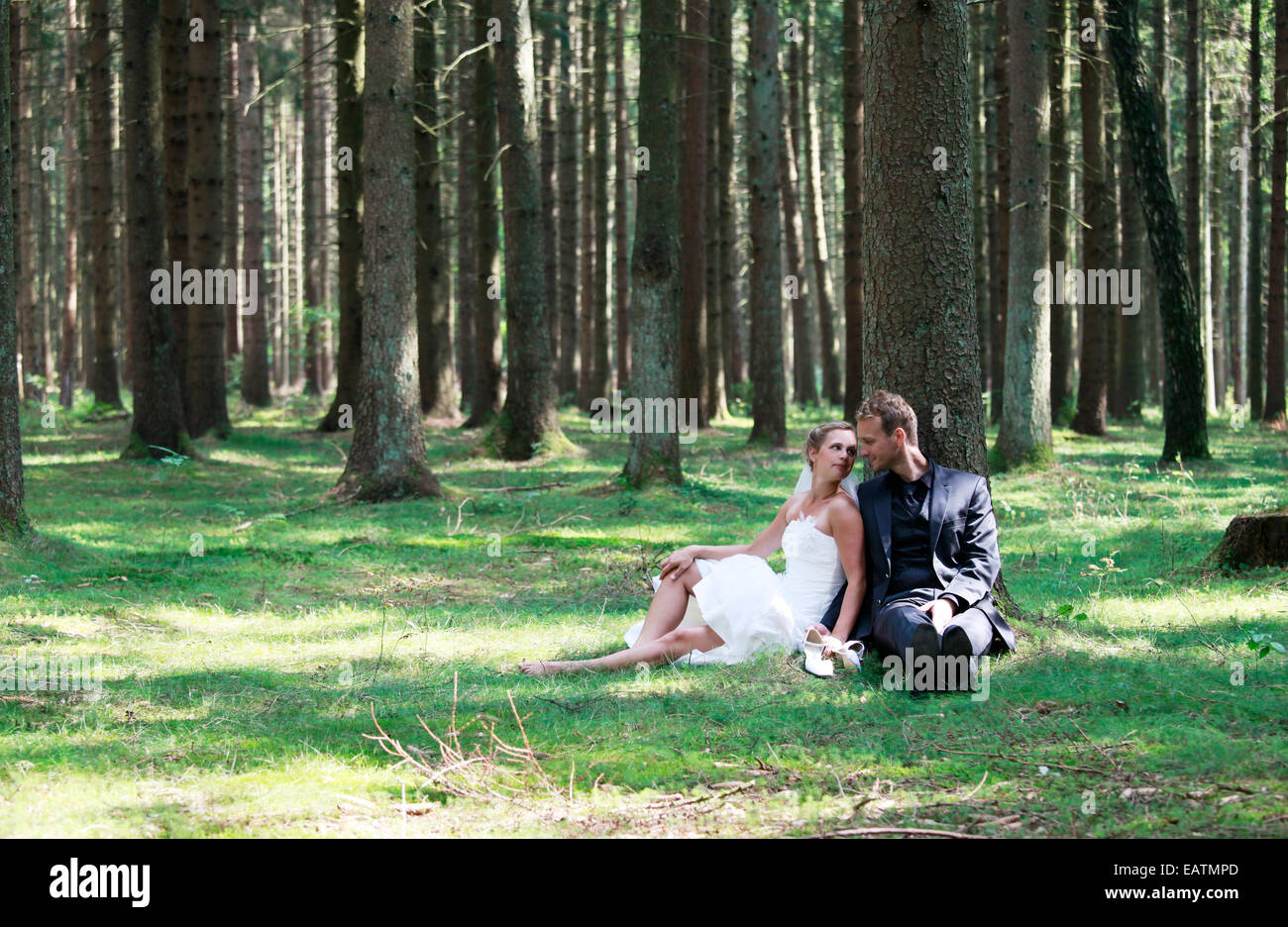 bride and groom shooting at the wedding in the forest Stock Photo - Alamy