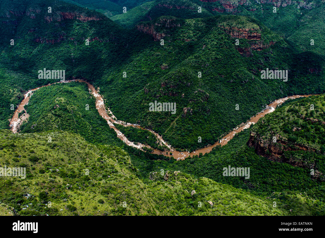 A flooded river full of soil and silt carves its way through a gorge. Stock Photo