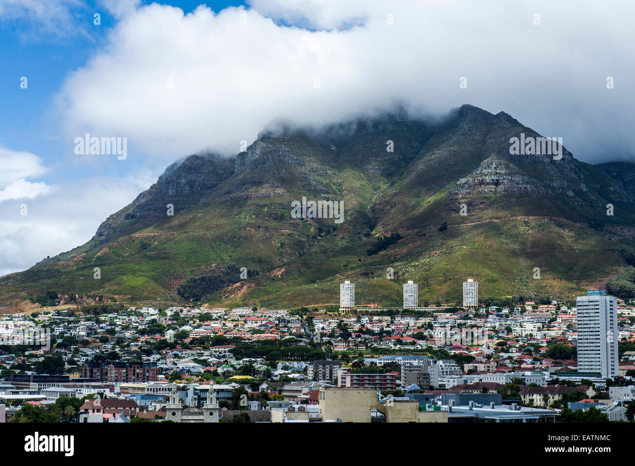 Sprawling suburbs and high-rise apartments below Table Mountain. Stock Photo