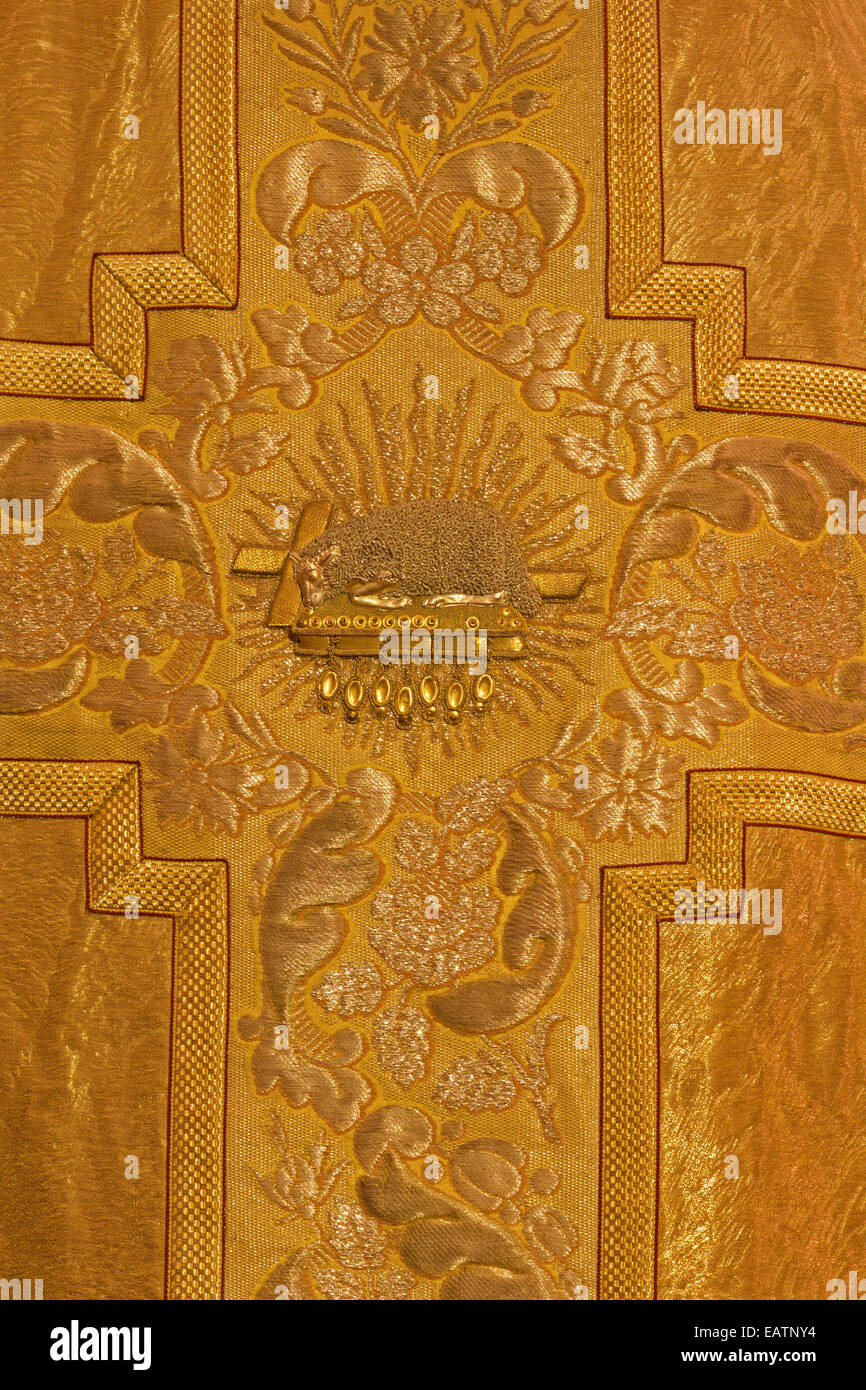 Bratislava - The needelwork of lamb on the book of life as the symbol of Jesus Christ offer on the vestment in cathedral Stock Photo