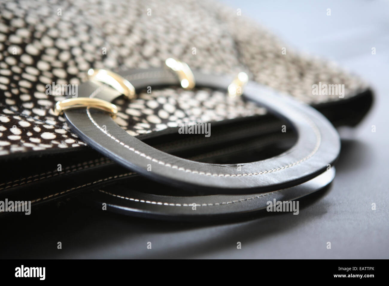 Pony hair black and white dot womens hand bag top handle with gold detail horizontal laying down Stock Photo