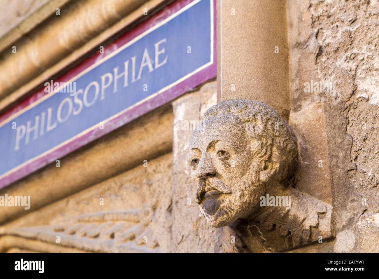 UK, Oxford, gargoyle and 'Philosophiae' sign over entrance doorway, Bodleian library. Stock Photo