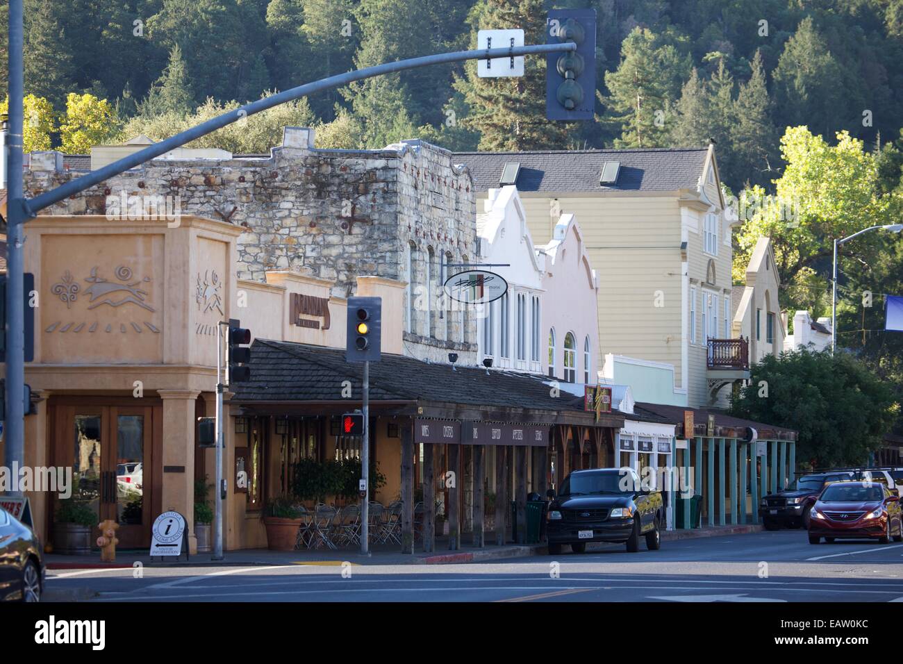 Downtown Calistoga, California, home to restaurants, wineries, shops, and natural hot springs Stock Photo