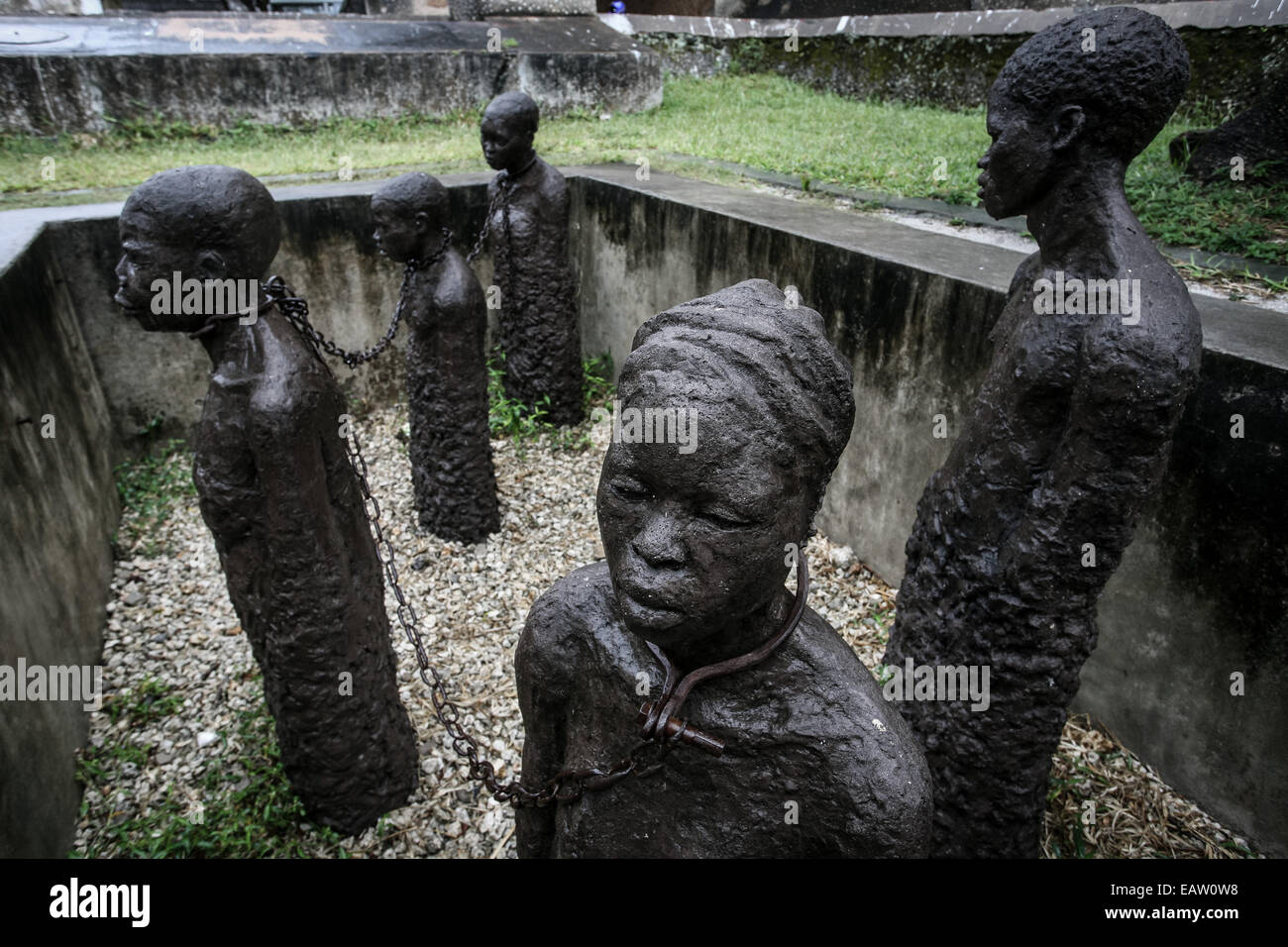Slavery monument with sculptures and chains near the former slave trade place Stock Photo