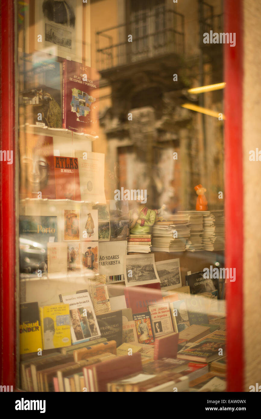 A bookstore window in Porto Portugal offers classics and rare books in the old city. Stock Photo