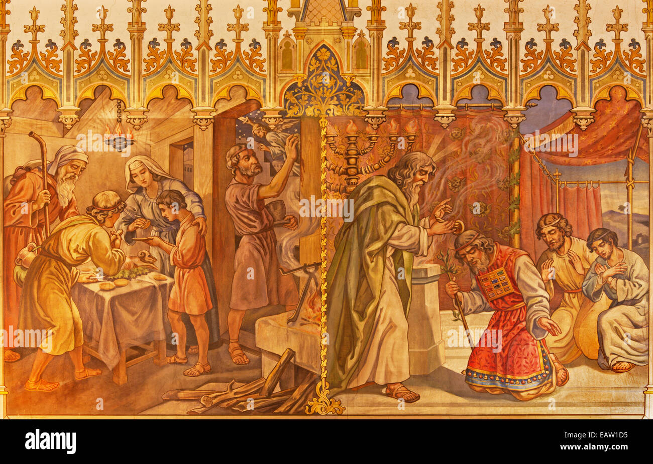 Trnava - fresco of  scenes Moses and Aron, and Israelites at the Pesach supper at the Lord's Passover in St. Nicholas church. Stock Photo