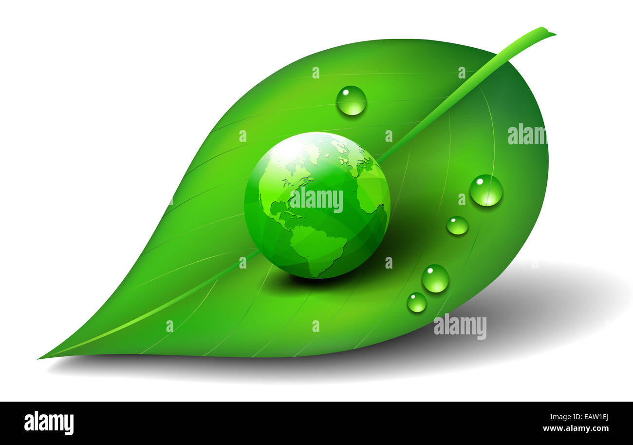 Green Concept  - Green Earth on Leaf with Water Drops - Globe Stock Photo
