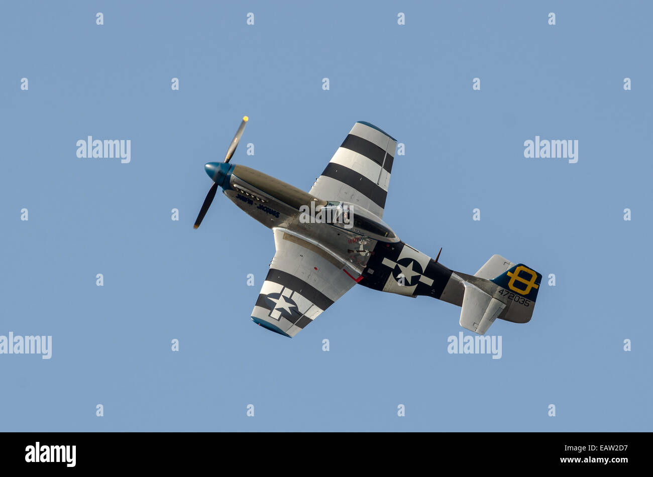 North American Aviation P51 Mustang performs an acrobatic maneuver 2014 Southport Airshow Stock Photo