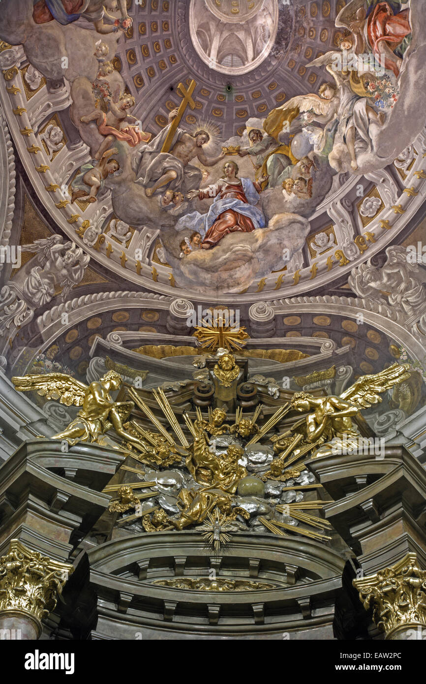 Trnava - cupola with the Coronation of Virgin Mary by A. Hess as  central motive in St. Nicholas church and Virgin Mary chapel Stock Photo