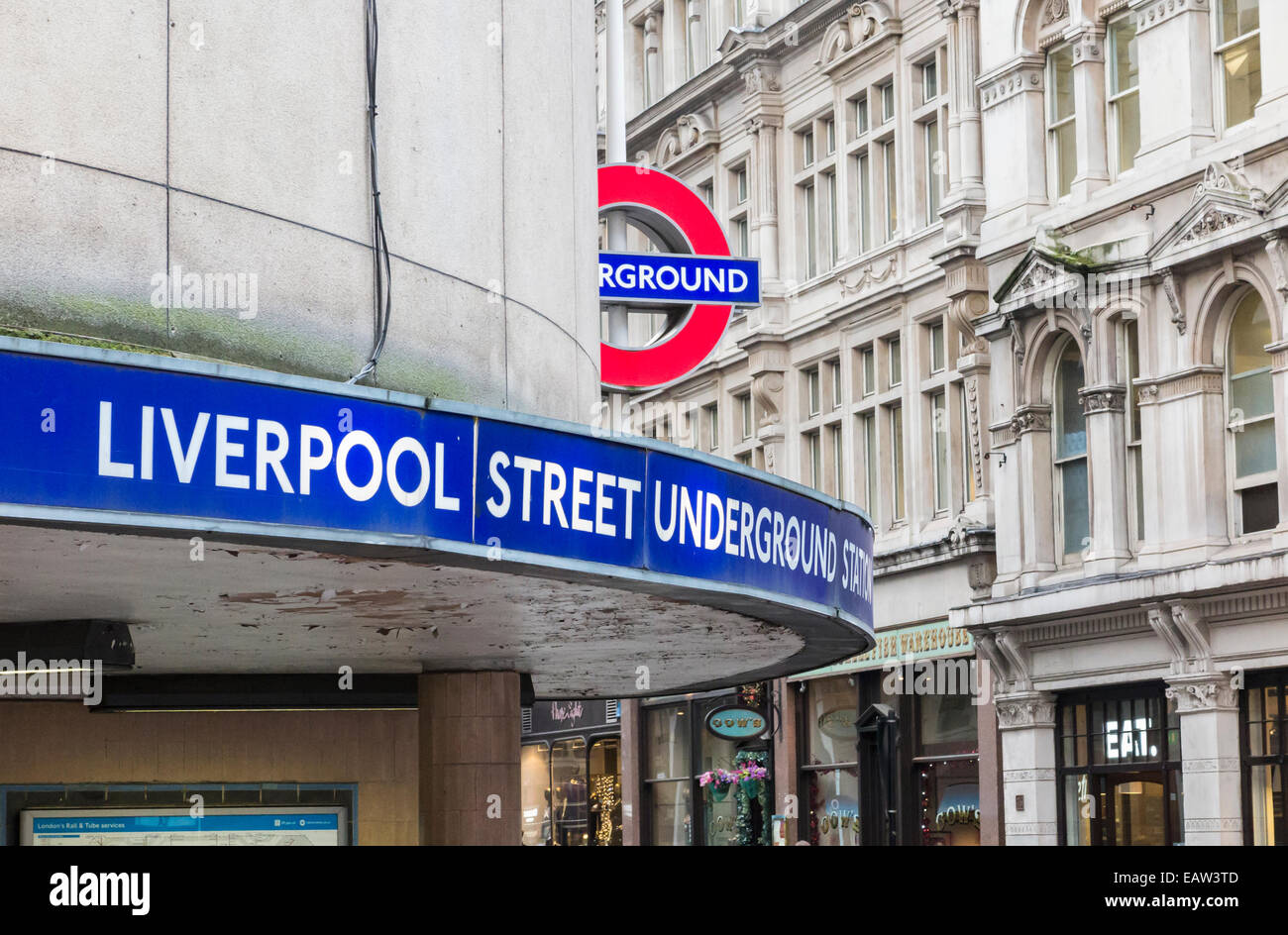 Entrance to Liverpool Street tube station, on the Central, Circle, Metropolitan and Hammersmith & City lines, City of London, UK Stock Photo