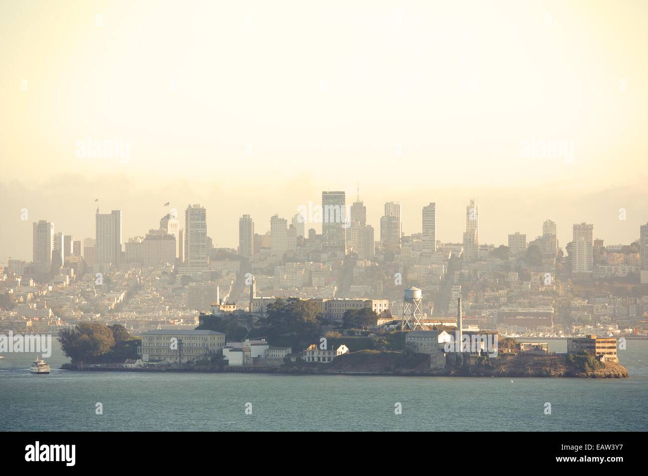 Stunning view of Alcatraz and the San Francisco city skyline at dusk from Angel Island State Park Stock Photo